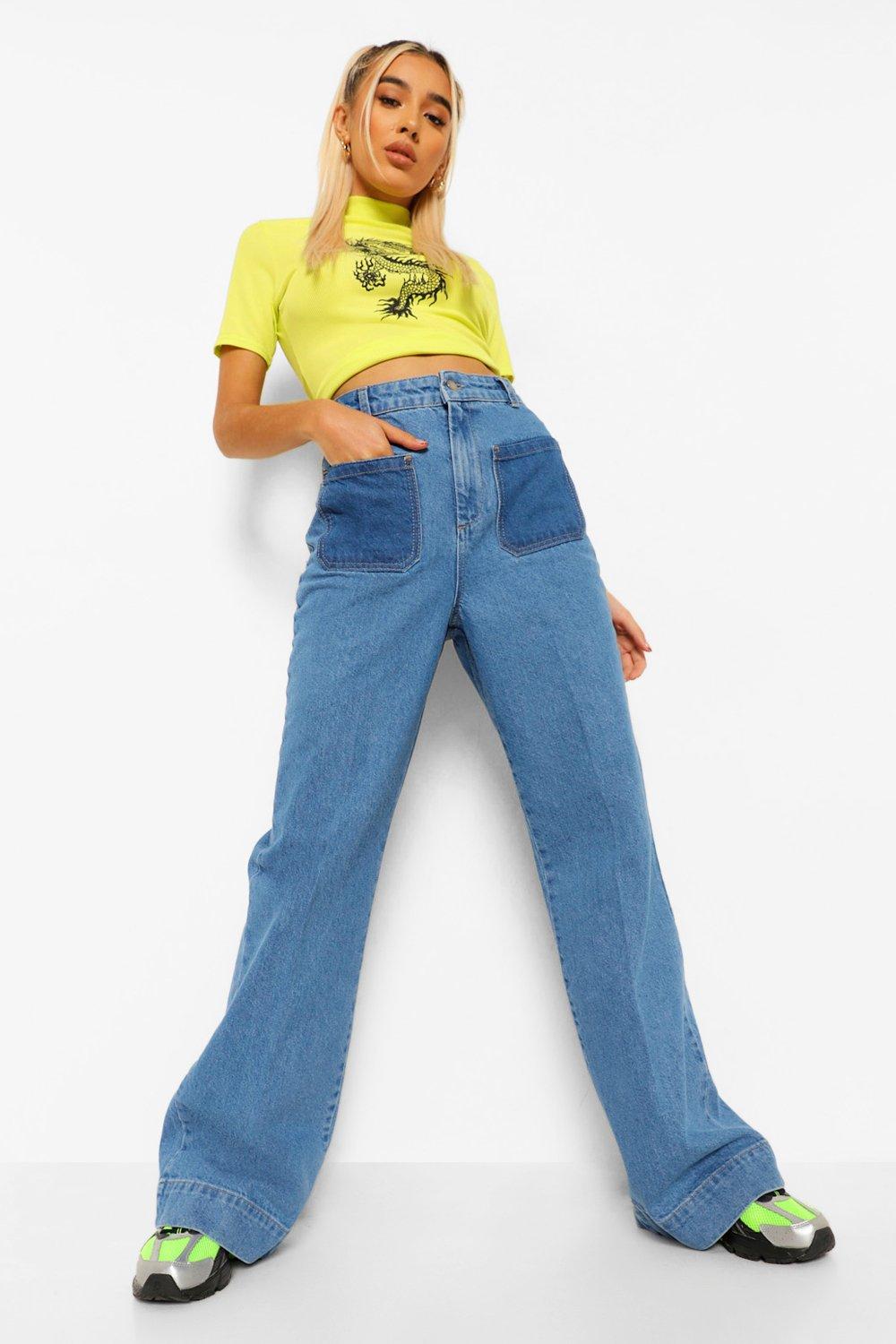 Contrast Front Pocket Flare Jeans | boohoo